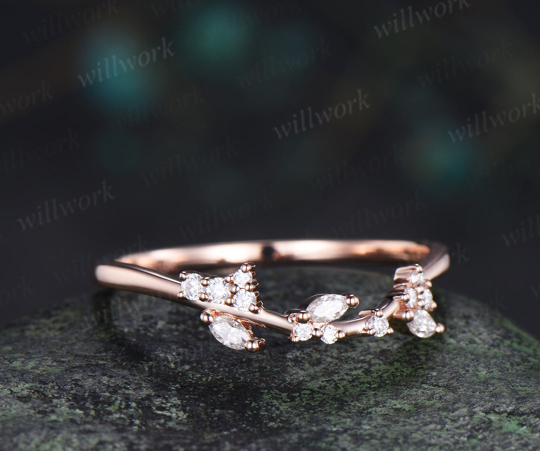 Marquise diamonds cluster wedding band curved leaf inspired stacking ring for women