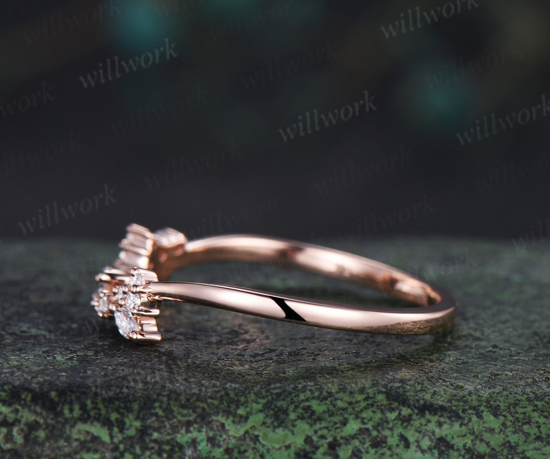 Marquise diamonds cluster wedding band curved leaf inspired stacking ring for women