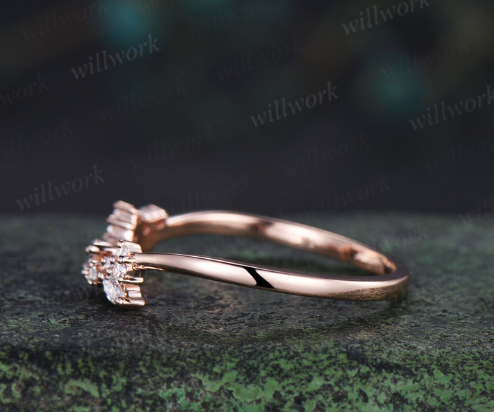 Marquise diamonds cluster wedding band curved leaf inspired stacking ring for women