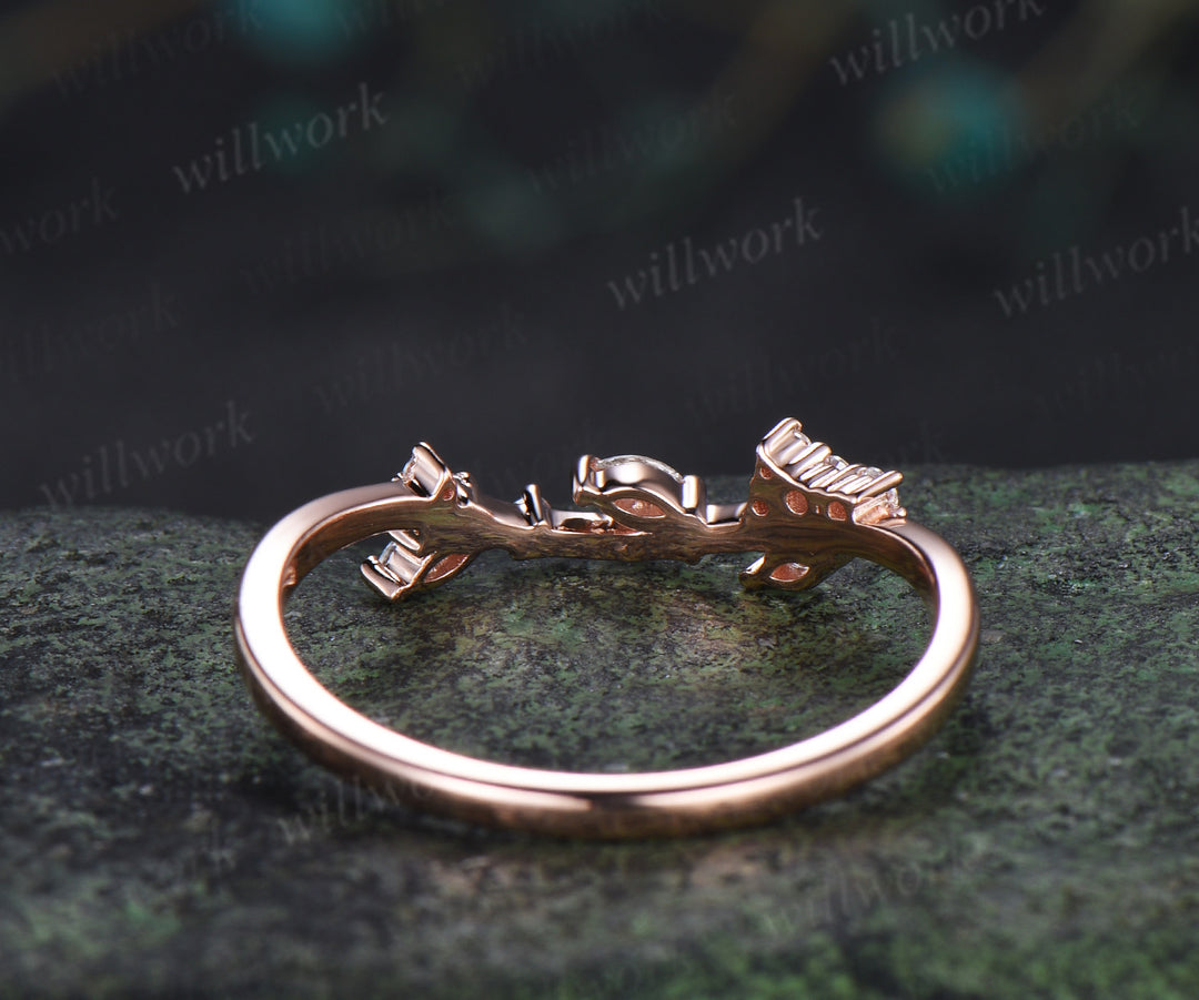 Marquise diamonds cluster wedding band curved leaf inspired stacking ring for women