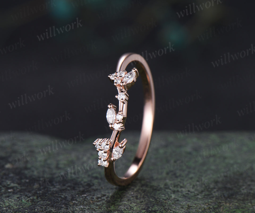 Marquise diamonds cluster wedding band curved leaf inspired stacking ring for women