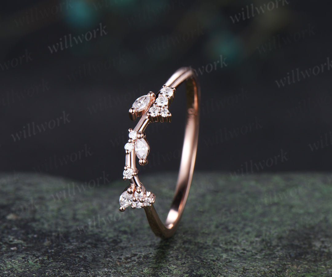 Marquise diamonds cluster wedding band curved leaf inspired stacking ring for women