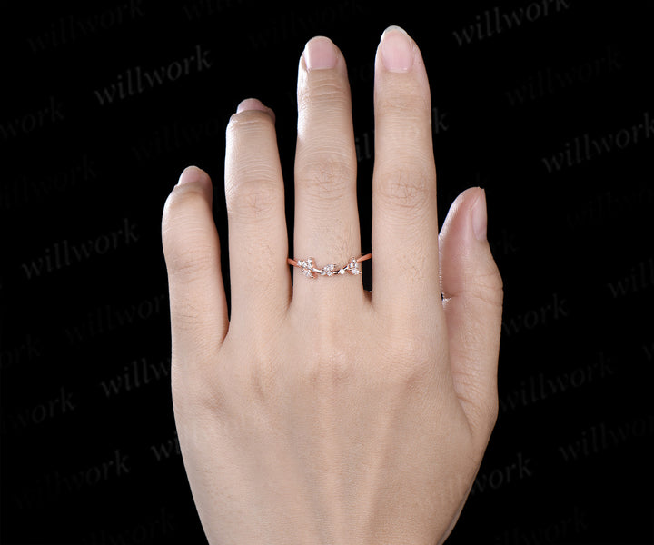 Marquise diamonds cluster wedding band curved leaf inspired stacking ring for women