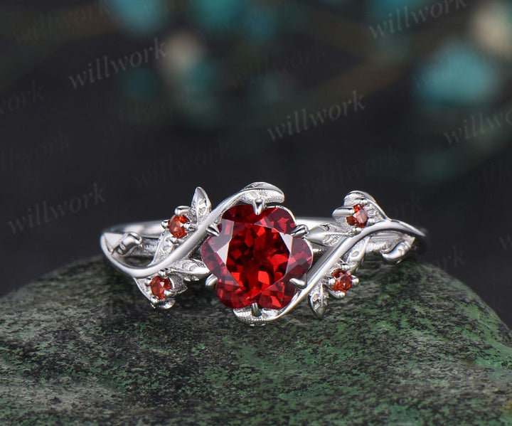 Floral shaped red garnet engagement ring white gold leaf nature inspired five stone January birthstone ring women gift