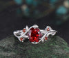 Floral shaped red garnet engagement ring white gold leaf nature inspired five stone January birthstone ring women gift