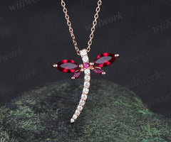 Marquise cut red ruby double dragonfly necklace rose gold diamond unique Elegant pendant proposal gift