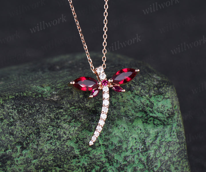 Marquise cut red ruby double dragonfly necklace rose gold diamond unique Elegant pendant proposal gift