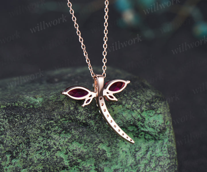 Marquise cut red ruby double dragonfly necklace rose gold diamond unique Elegant pendant proposal gift