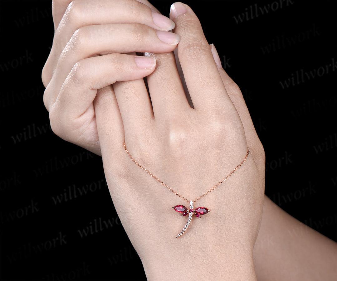 Marquise cut red ruby double dragonfly necklace rose gold diamond unique Elegant pendant proposal gift