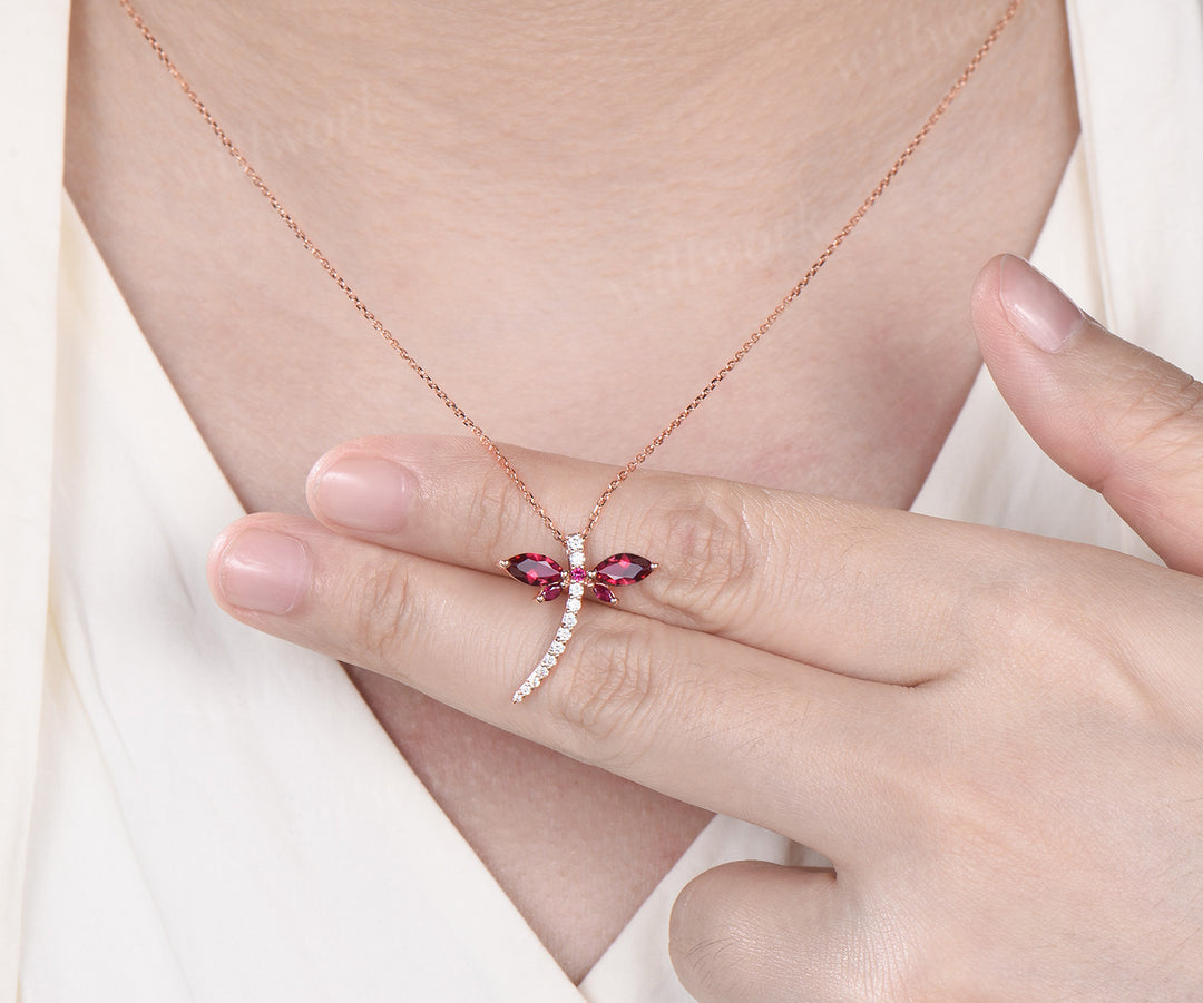 Marquise cut red ruby double dragonfly necklace rose gold diamond unique Elegant pendant proposal gift