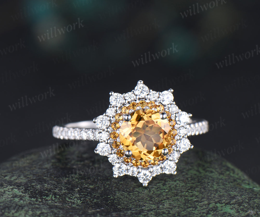 1ct round cut yellow citrine ring double halo unique Engagement Ring 18k white gold promise ring women
