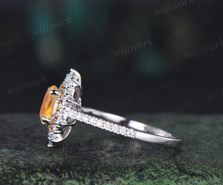 1ct round cut yellow citrine ring double halo unique Engagement Ring 18k white gold promise ring women