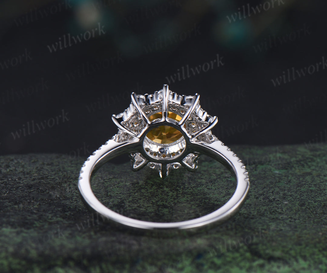 1ct round cut yellow citrine ring double halo unique Engagement Ring 18k white gold promise ring women