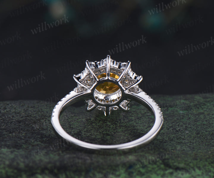 1ct round cut yellow citrine ring double halo unique Engagement Ring 18k white gold promise ring women