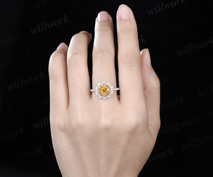 1ct round cut yellow citrine ring double halo unique Engagement Ring 18k white gold promise ring women