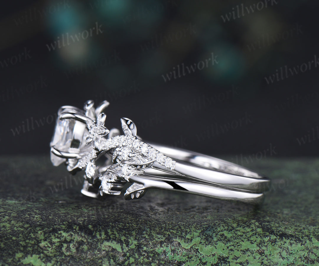 Heart shaped moissanite engagement ring set vintage floral diamond ring women 14k white gold branch leaf promise ring set