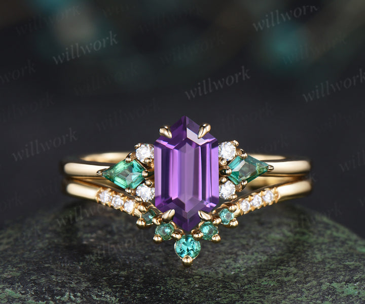 Long hexagon cut purple amethyst ring kite emerald wedding ring set claw prong yellow gold unique engagement ring set jewelry