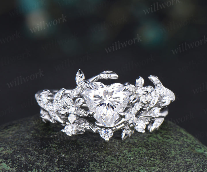 Heart shaped moissanite engagement ring set vintage floral diamond ring women 14k white gold branch leaf promise ring set