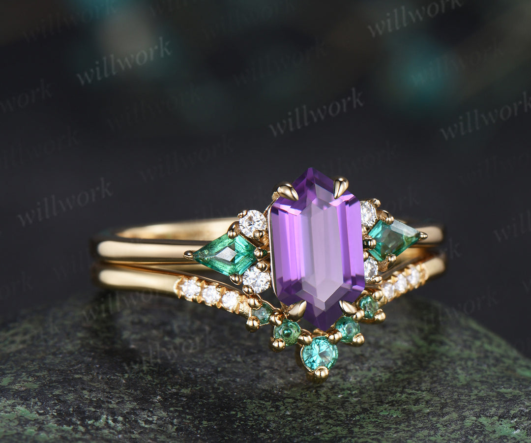 Long hexagon cut purple amethyst ring kite emerald wedding ring set claw prong yellow gold unique engagement ring set jewelry