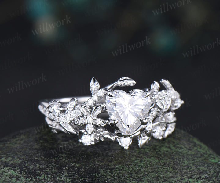 Heart shaped moissanite engagement ring set vintage floral diamond ring women 14k white gold branch leaf promise ring set
