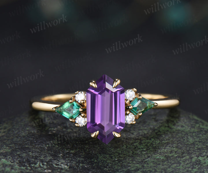 Long hexagon cut purple amethyst ring kite emerald wedding ring set claw prong yellow gold unique engagement ring set jewelry