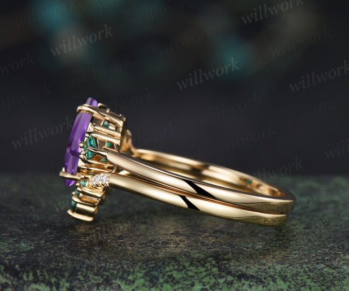 Long hexagon cut purple amethyst ring kite emerald wedding ring set claw prong yellow gold unique engagement ring set jewelry