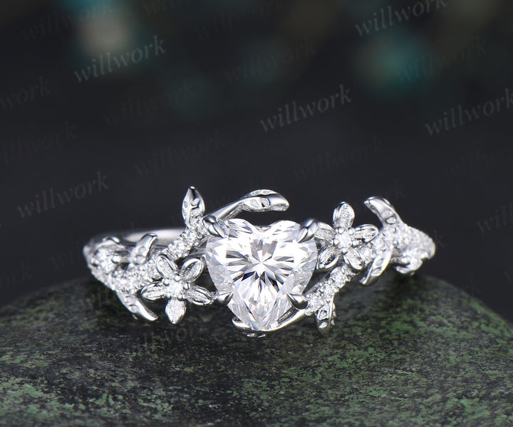 Heart shaped moissanite engagement ring set vintage floral diamond ring women 14k white gold branch leaf promise ring set