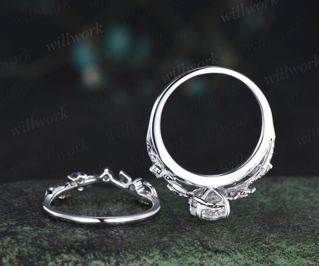 Heart shaped moissanite engagement ring set vintage floral diamond ring women 14k white gold branch leaf promise ring set