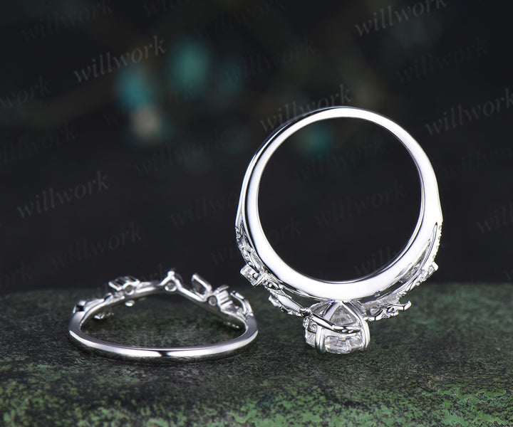 Heart shaped moissanite engagement ring set vintage floral diamond ring women 14k white gold branch leaf promise ring set