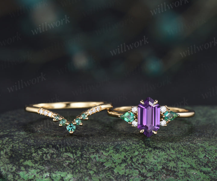 Long hexagon cut purple amethyst ring kite emerald wedding ring set claw prong yellow gold unique engagement ring set jewelry