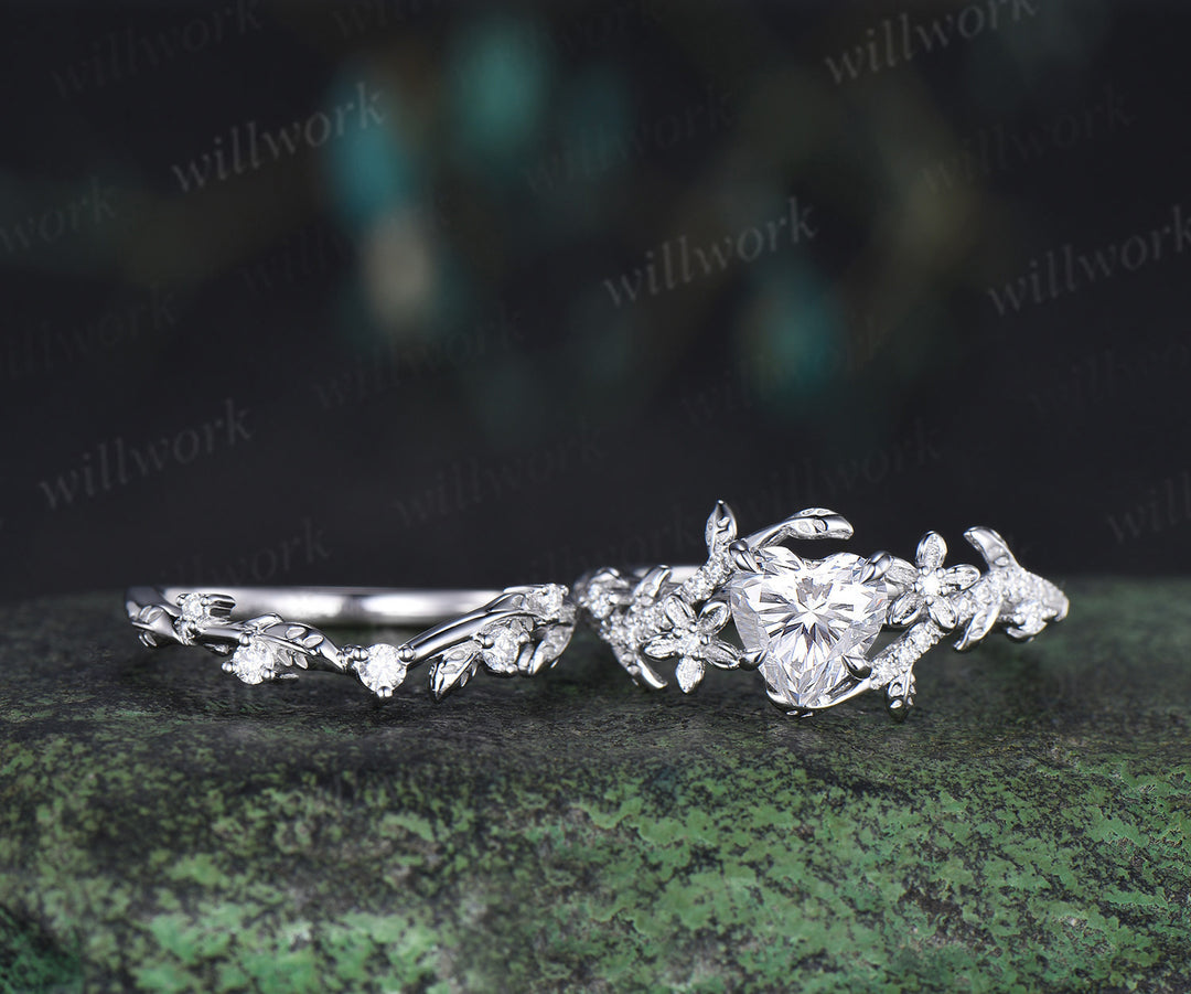 Heart shaped moissanite engagement ring set vintage floral diamond ring women 14k white gold branch leaf promise ring set