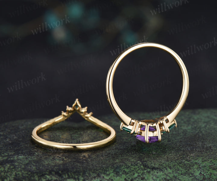 Long hexagon cut purple amethyst ring kite emerald wedding ring set claw prong yellow gold unique engagement ring set jewelry