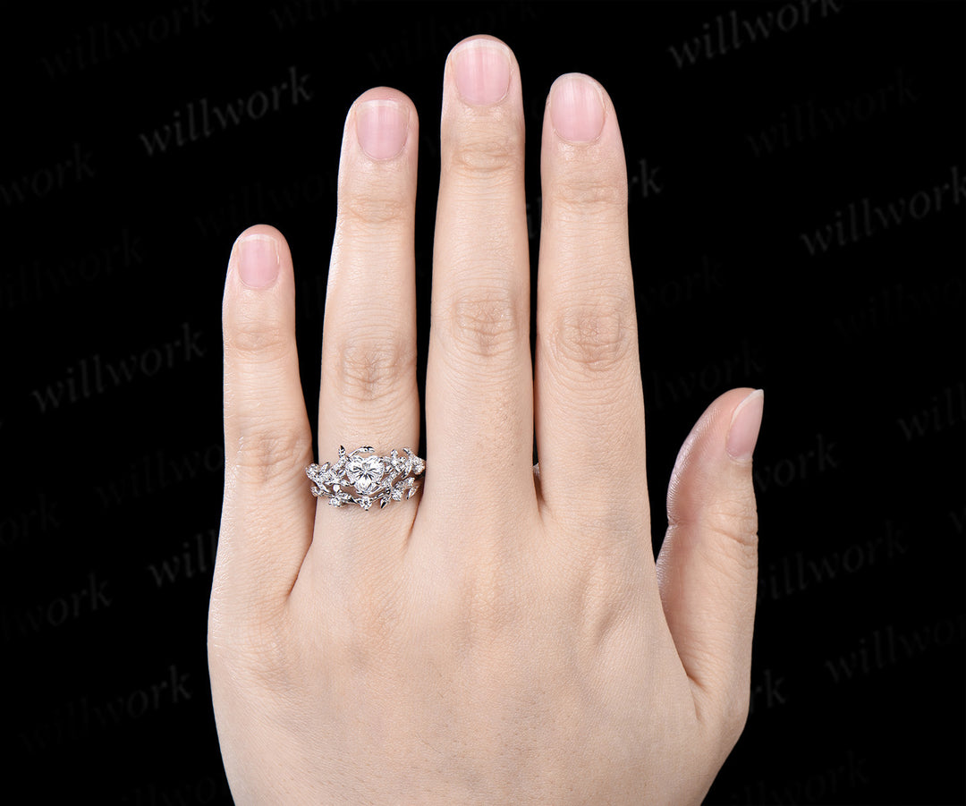 Heart shaped moissanite engagement ring set vintage floral diamond ring women 14k white gold branch leaf promise ring set