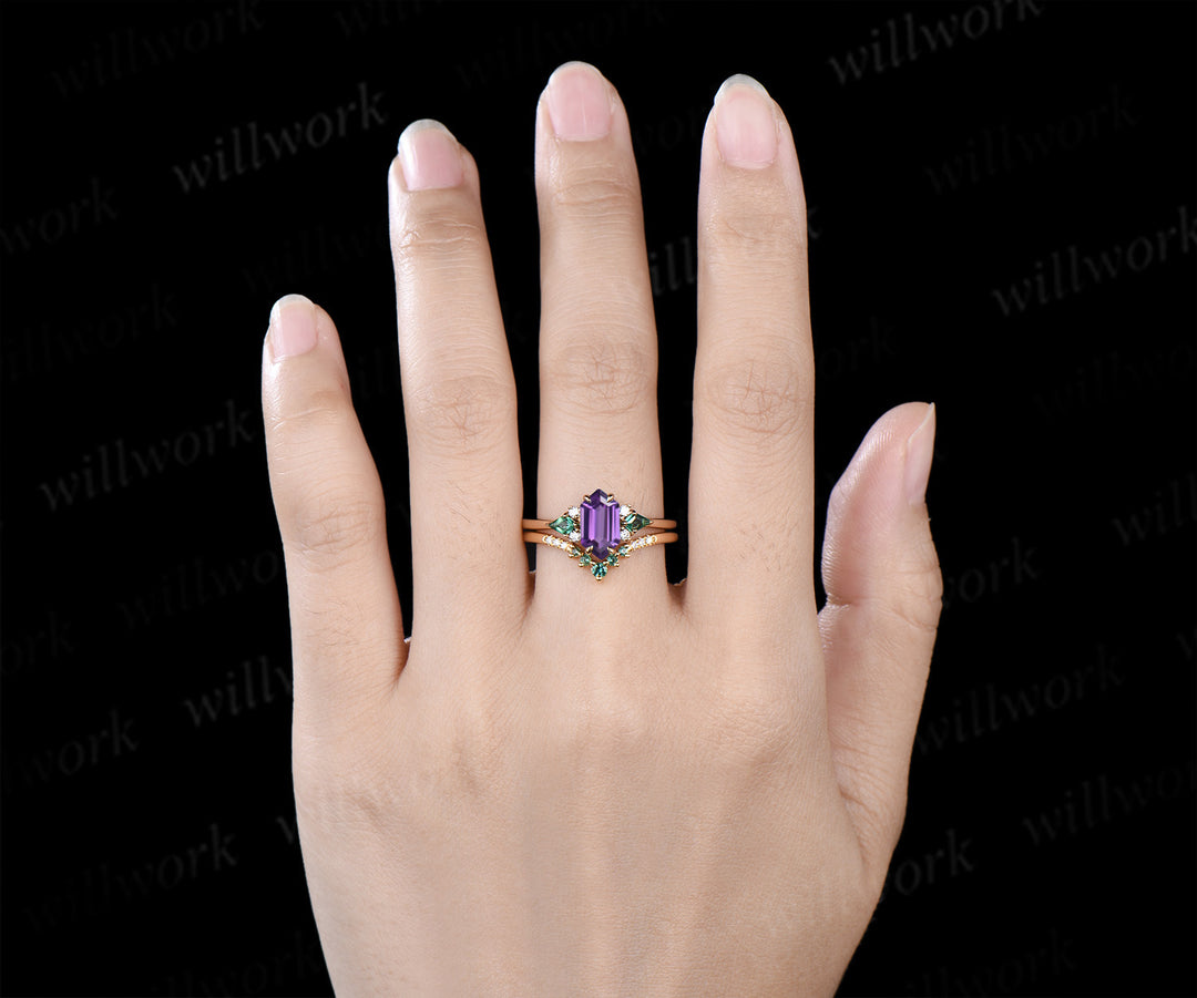 Long hexagon cut purple amethyst ring kite emerald wedding ring set claw prong yellow gold unique engagement ring set jewelry