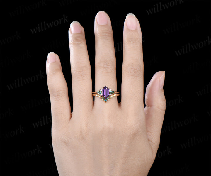 Long hexagon cut purple amethyst ring kite emerald wedding ring set claw prong yellow gold unique engagement ring set jewelry