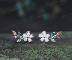 Dainty opal flower earring studs marquise amethyst emerald citrine peridot multicolor gemstone earring bridal gifts