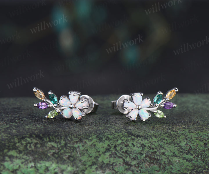 Dainty opal flower earring studs marquise amethyst emerald citrine peridot multicolor gemstone earring bridal gifts
