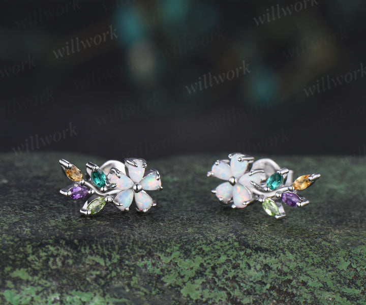 Dainty opal flower earring studs marquise amethyst emerald citrine peridot multicolor gemstone earring bridal gifts