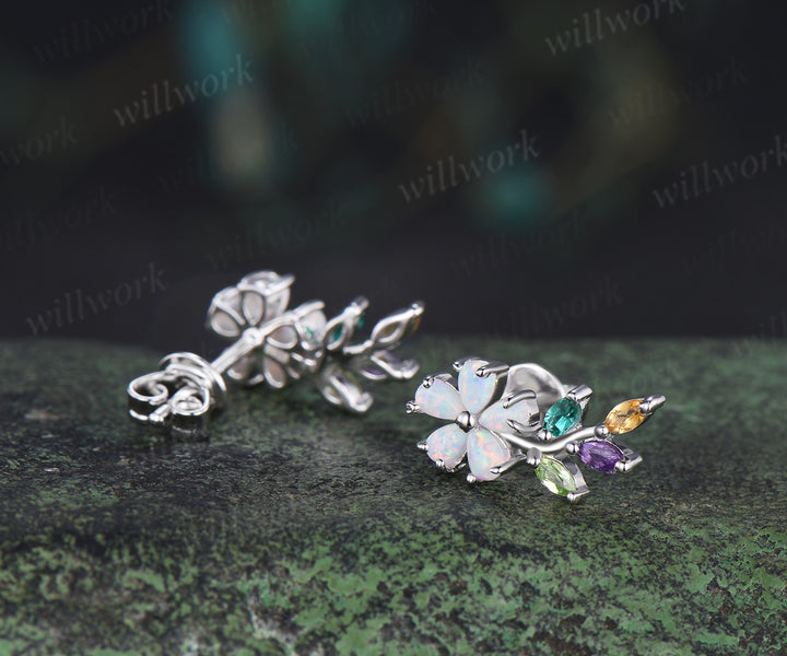 Dainty opal flower earring studs marquise amethyst emerald citrine peridot multicolor gemstone earring bridal gifts