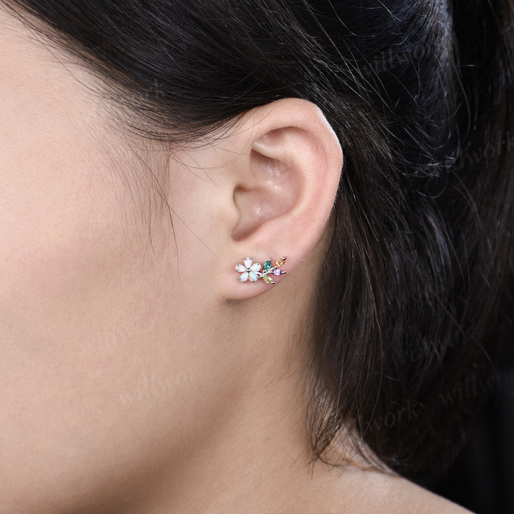 Dainty opal flower earring studs marquise amethyst emerald citrine peridot multicolor gemstone earring bridal gifts