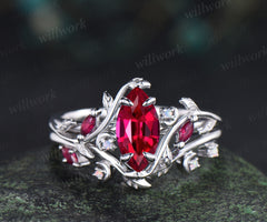 Vintage marquise red ruby engagement ring set white gold unique twig leaf moon ring opal wedding band bridal jewelry set
