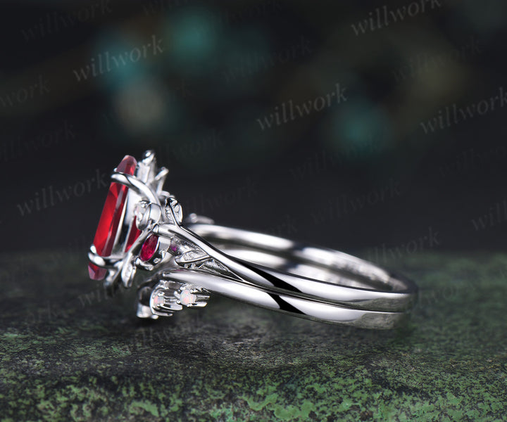 Vintage marquise red ruby engagement ring set white gold unique twig leaf moon ring opal wedding band bridal jewelry set