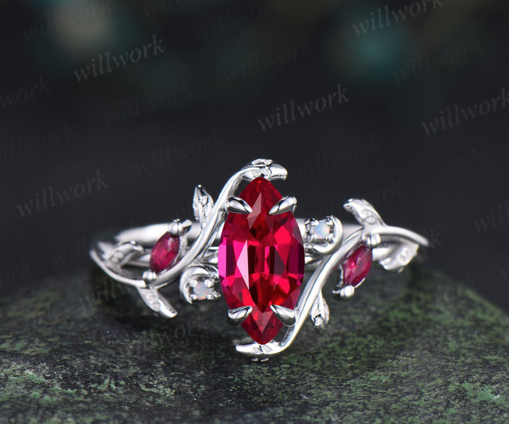 Vintage marquise red ruby engagement ring set white gold unique twig leaf moon ring opal wedding band bridal jewelry set