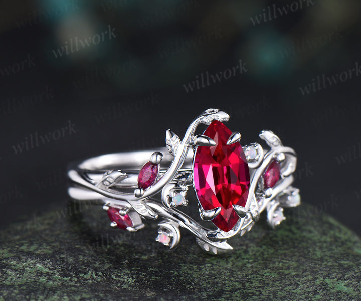 Vintage marquise red ruby engagement ring set white gold unique twig leaf moon ring opal wedding band bridal jewelry set