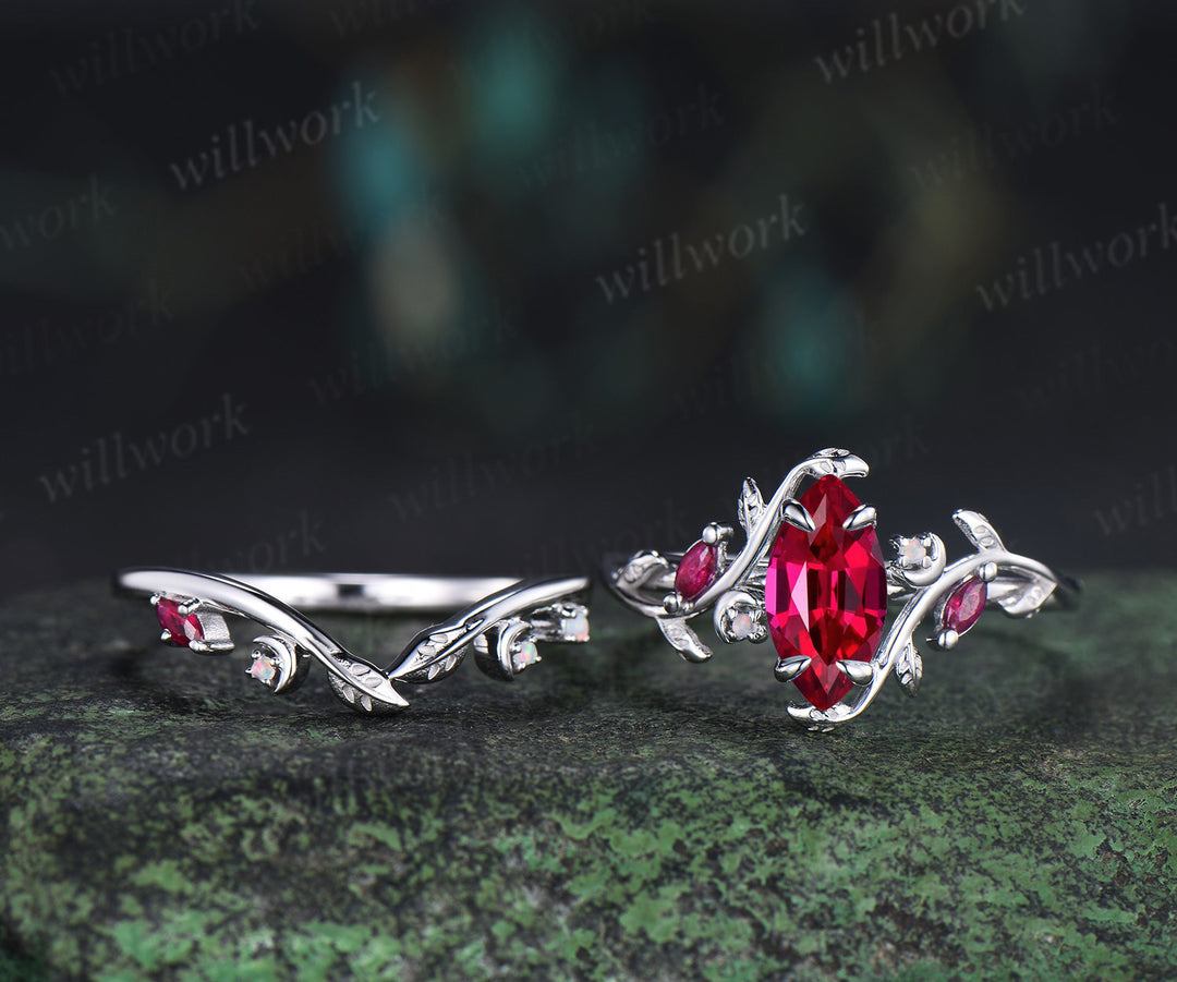 Vintage marquise red ruby engagement ring set white gold unique twig leaf moon ring opal wedding band bridal jewelry set