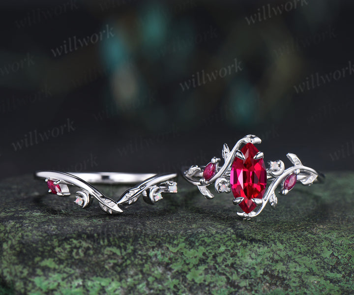 Vintage marquise red ruby engagement ring set white gold unique twig leaf moon ring opal wedding band bridal jewelry set