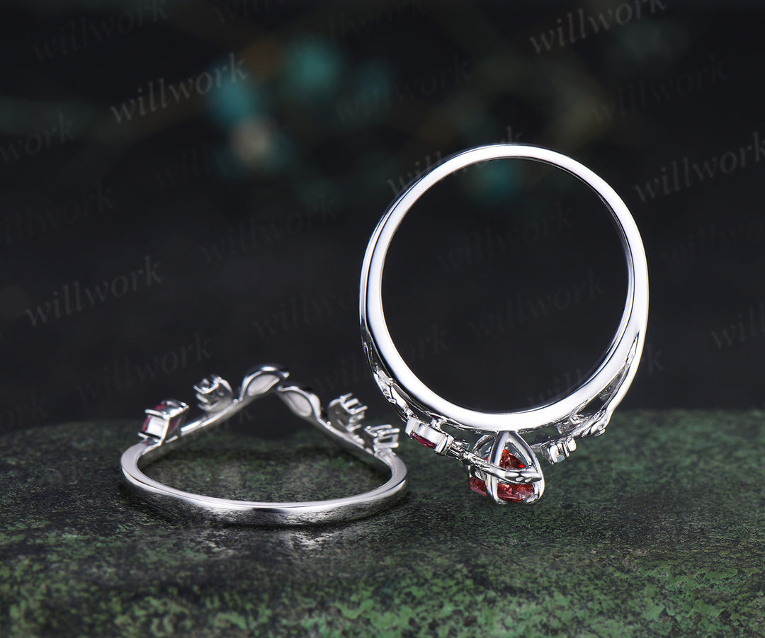 Vintage marquise red ruby engagement ring set white gold unique twig leaf moon ring opal wedding band bridal jewelry set