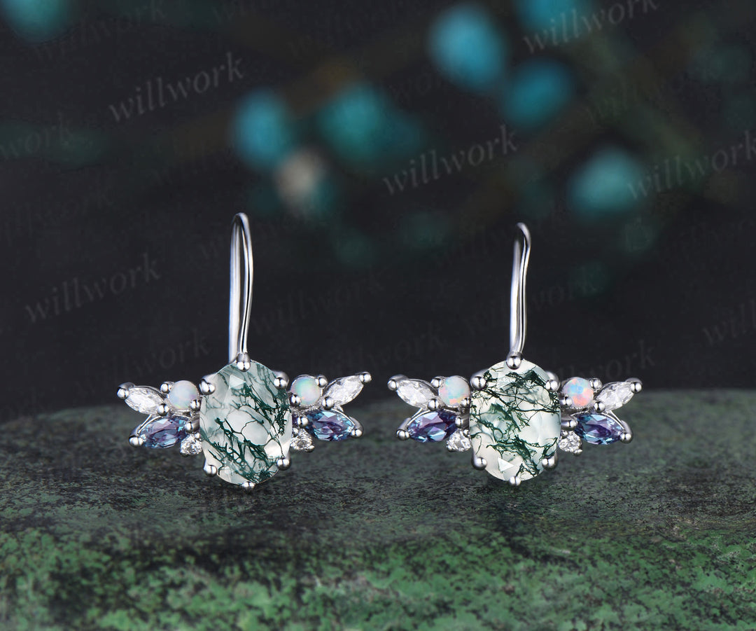 Oval cut moss agate Stud Earrings white gold cluster alexandrite opal moissanite Earrings women anniversary gifts