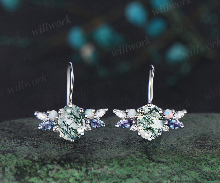 Oval cut moss agate Stud Earrings white gold cluster alexandrite opal moissanite Earrings women anniversary gifts