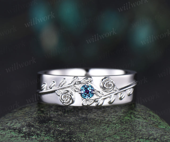 Round alexandrite wedding band mens solid 14k white gold leaf floral wedding ring unique anniversary ring gift nature inspired Engagement Ring